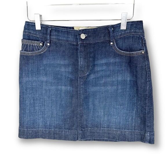 White House Black Market Women Mini Skirt Denim Blue Blanc Rhinestone Metallic 4 - Picture 1 of 8